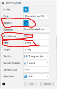 Einstellungen Schlauchgewinde in Fusion 360