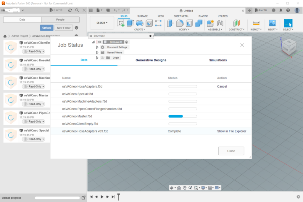 Upload Status in Fusion 360